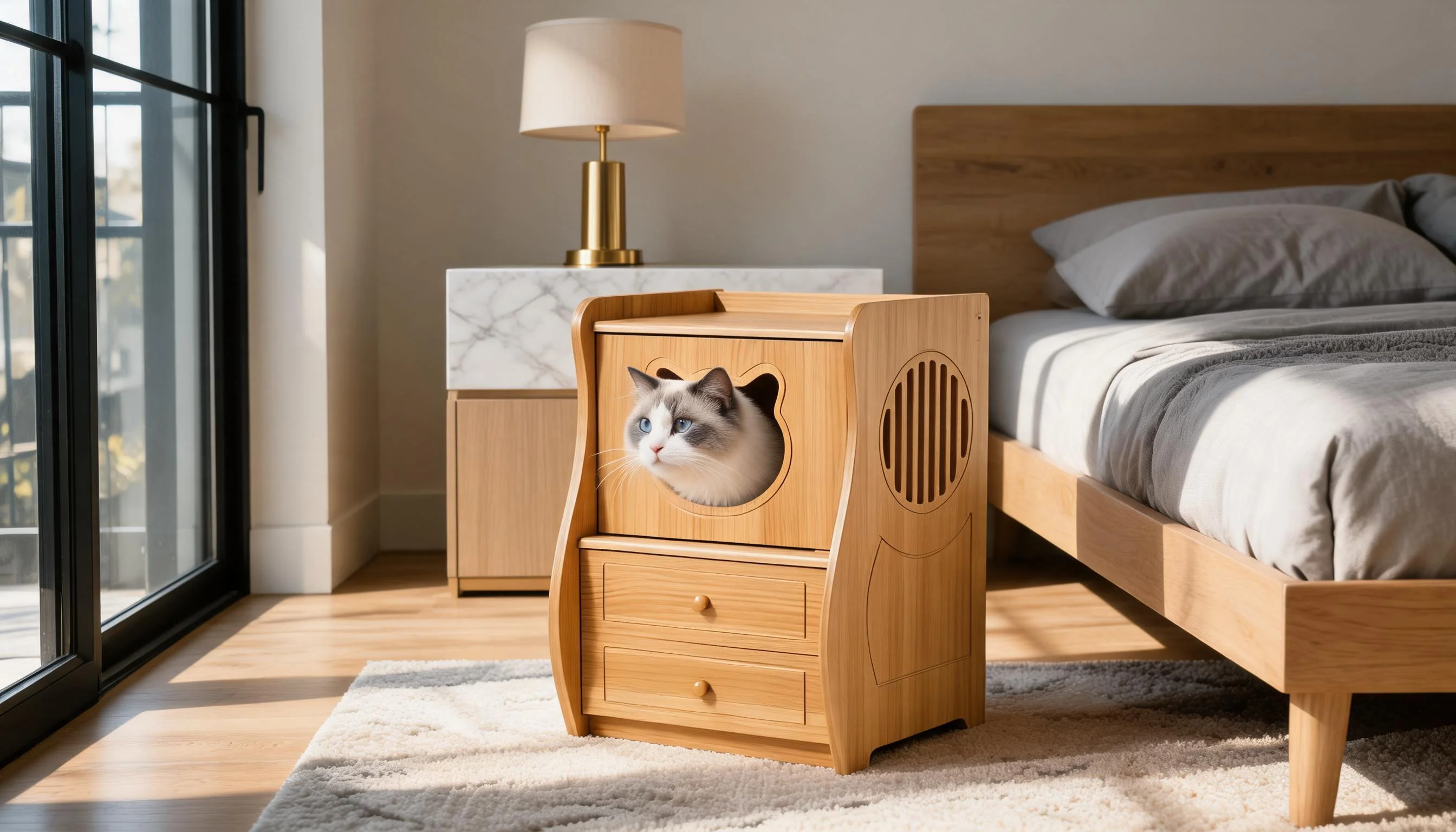 Peacock Pine Nightstand Cat Bed for Humans & Pets · Cat-Head Cutout · GuardLynx