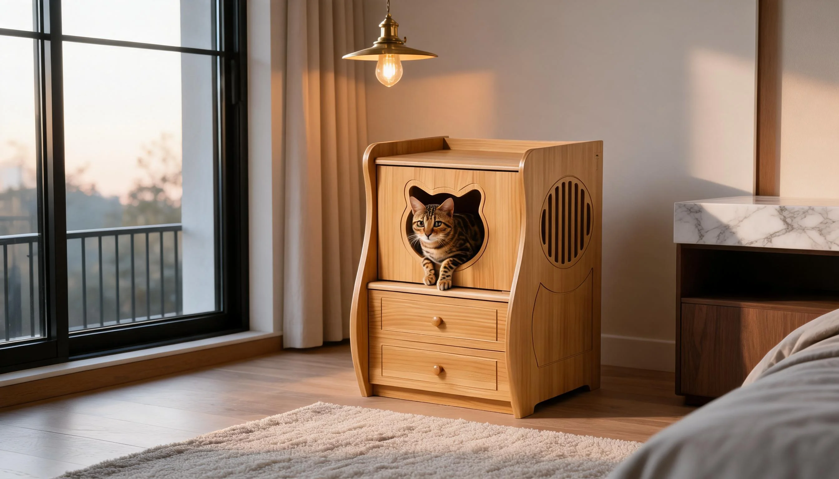 Peacock Pine Nightstand Cat Bed for Humans & Pets · Enclosed Structure · GuardLynx