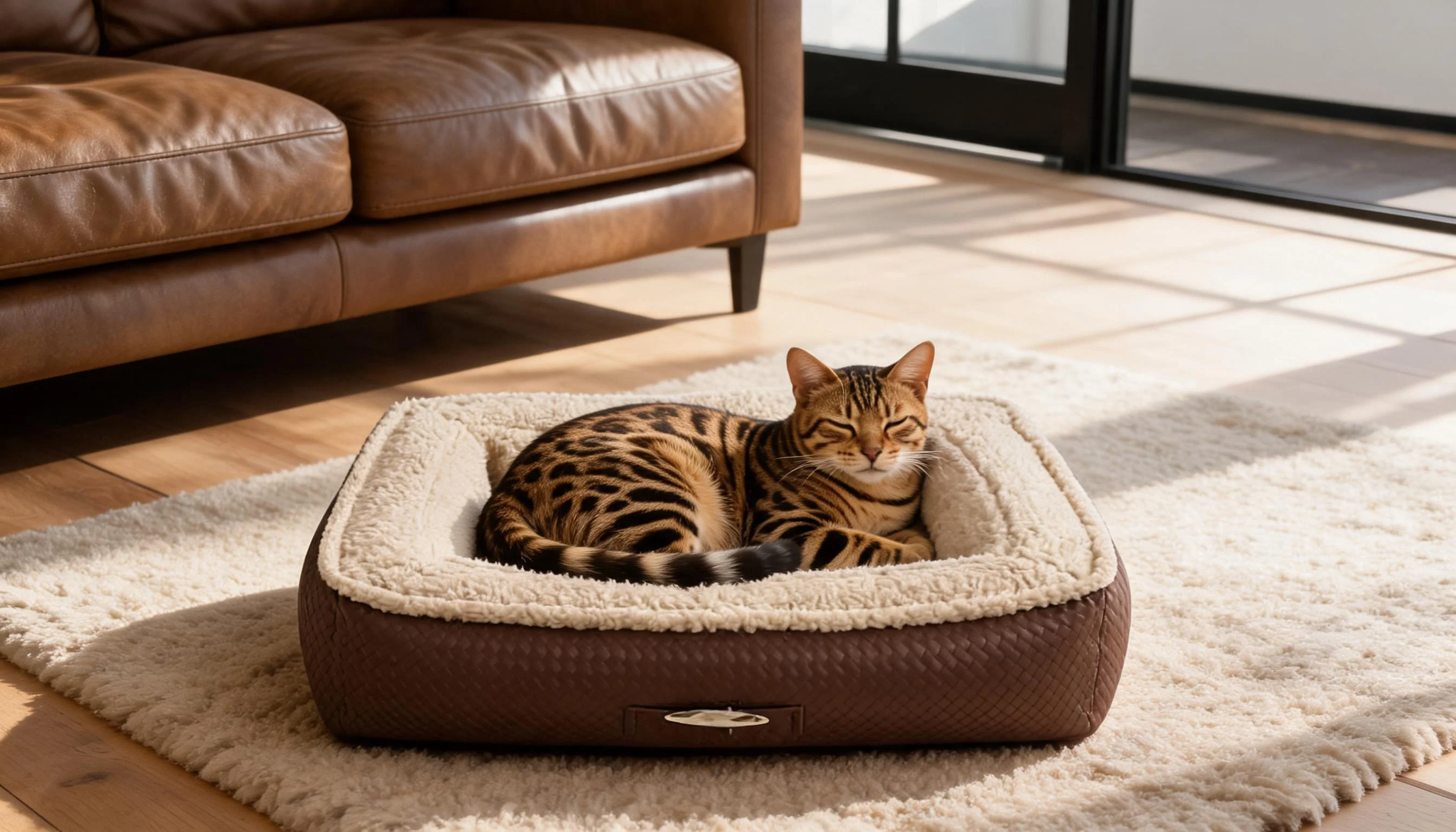 Luxury Leather Cat Bed with Plush Lining · Cocoa Brown · GuardLynx