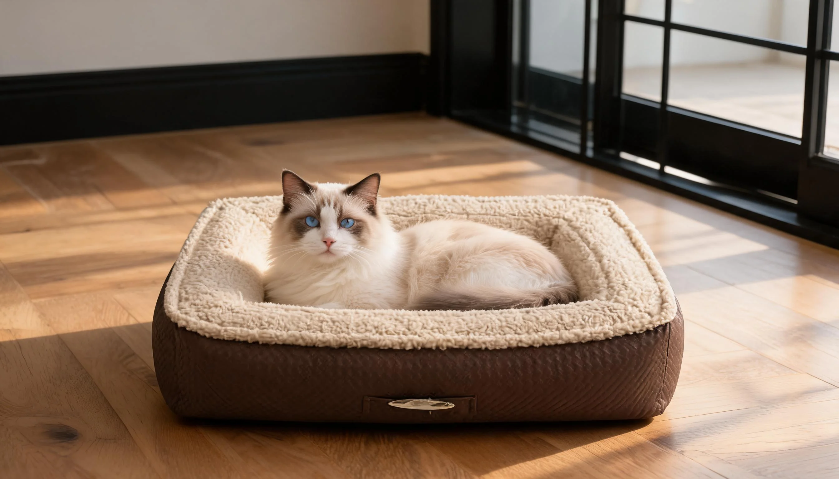 Luxury Leather Cat Bed with Plush Lining · Afternoon Glow · GuardLynx