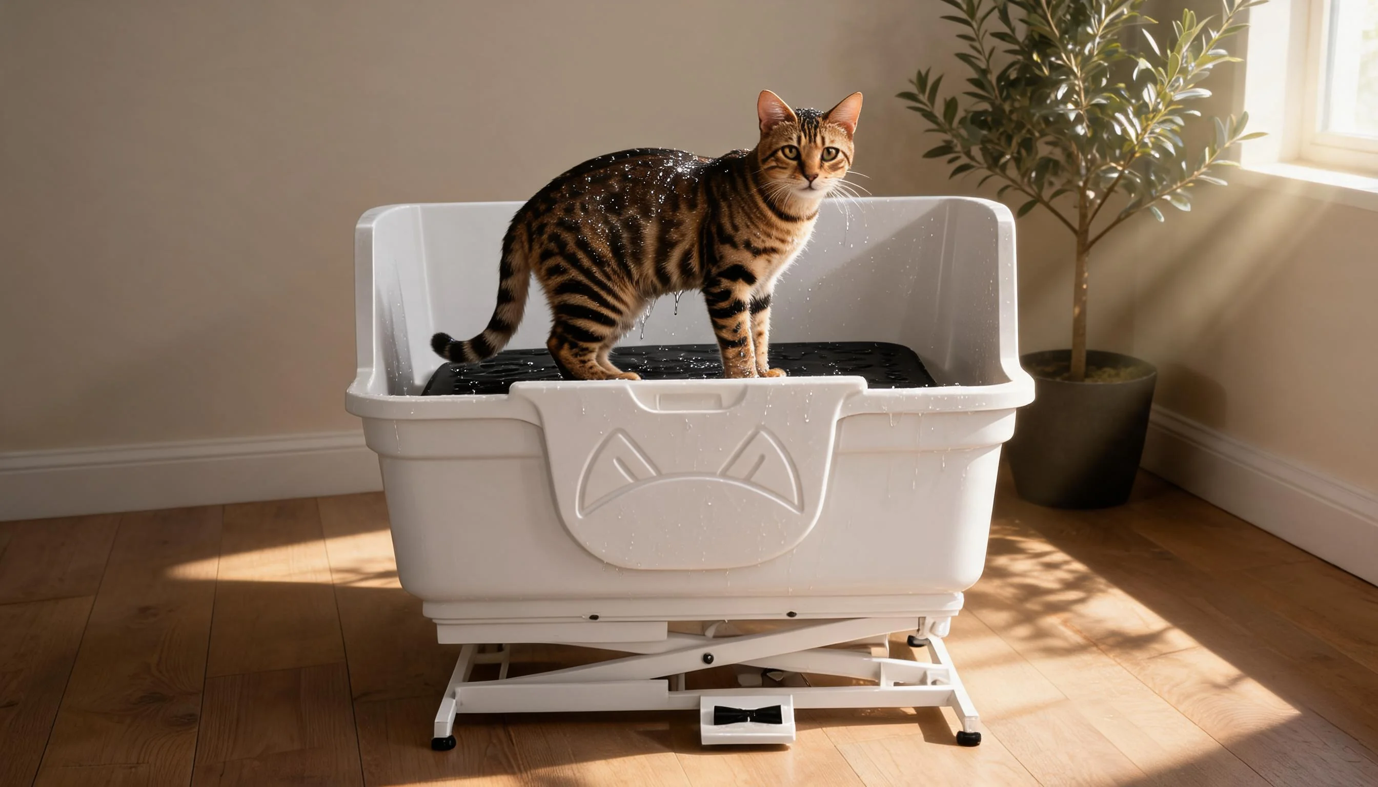 Electric Lift Single-Door Pet Bath Tub · Afternoon Splash with a Bengal · GuardLynx