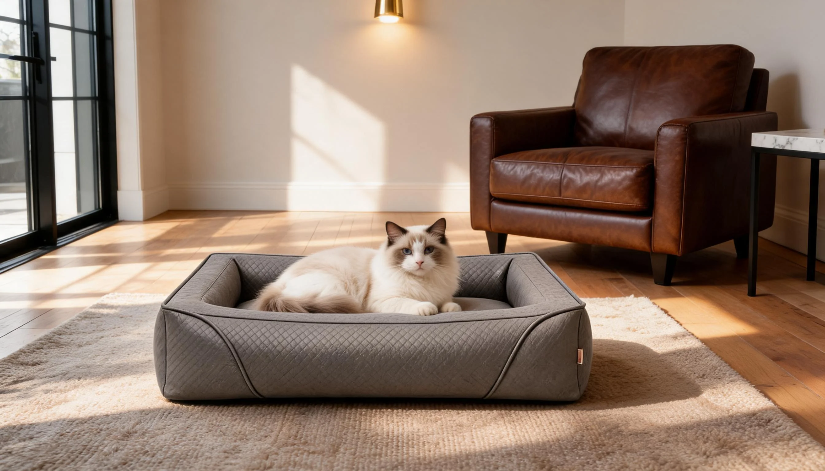 GuardLynx Leather Minimalist Cat Bed · Diamond Quilted Texture · GuardLynx