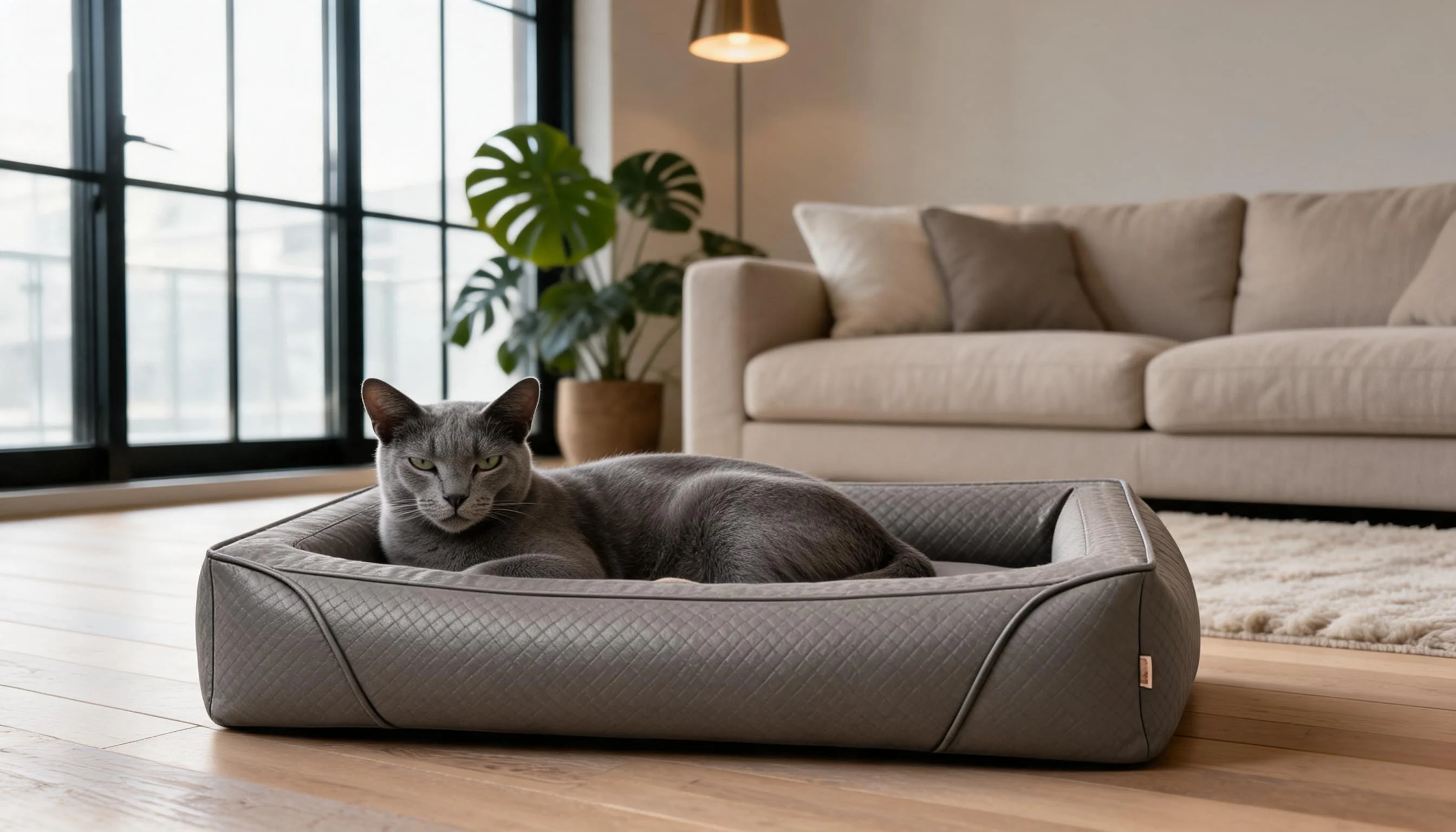 GuardLynx Leather Minimalist Cat Bed · Silver Mist · GuardLynx
