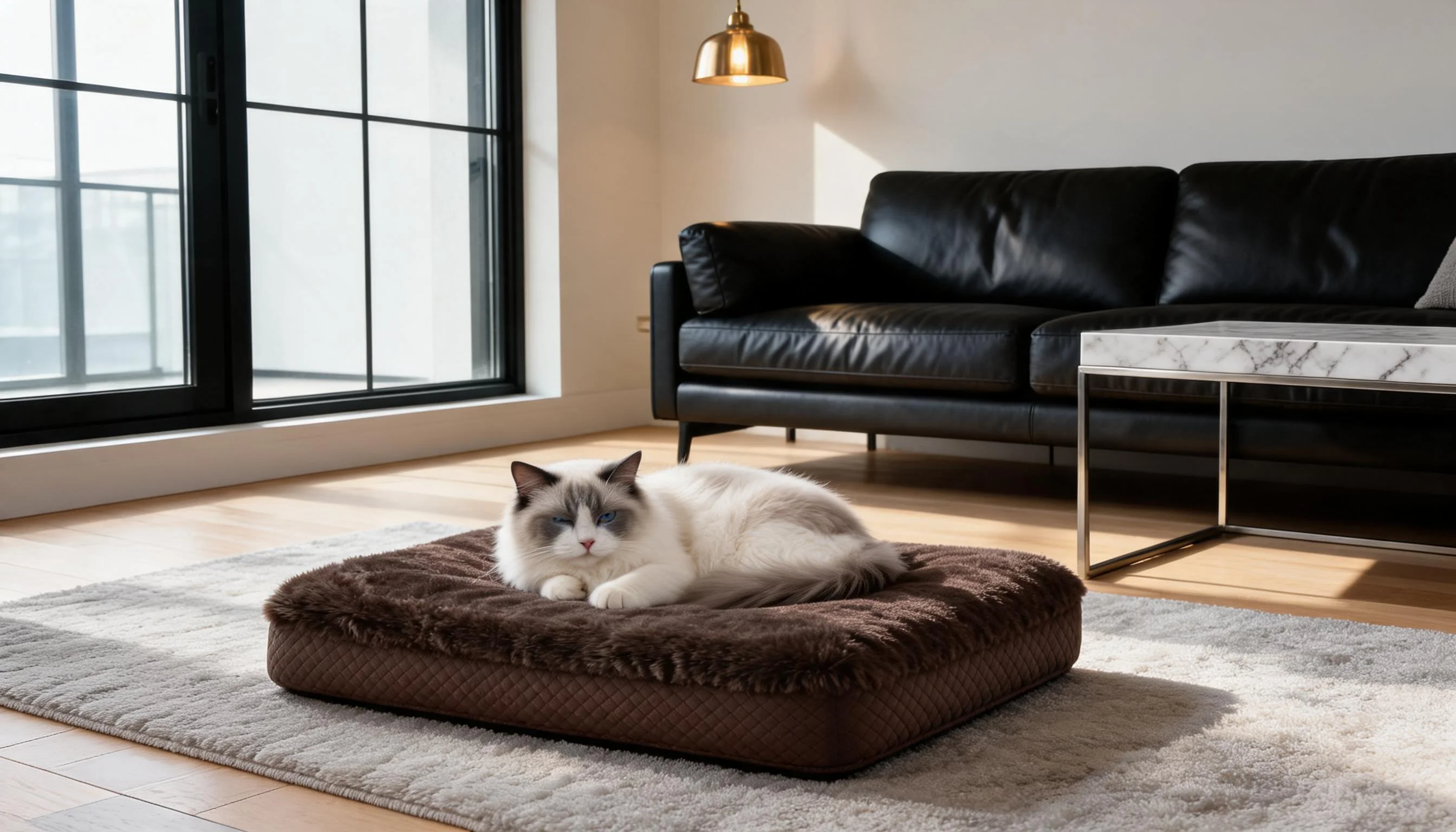Luxury Leather & Plush Pet Bed · Sleek Dark Brown Style · GuardLynx