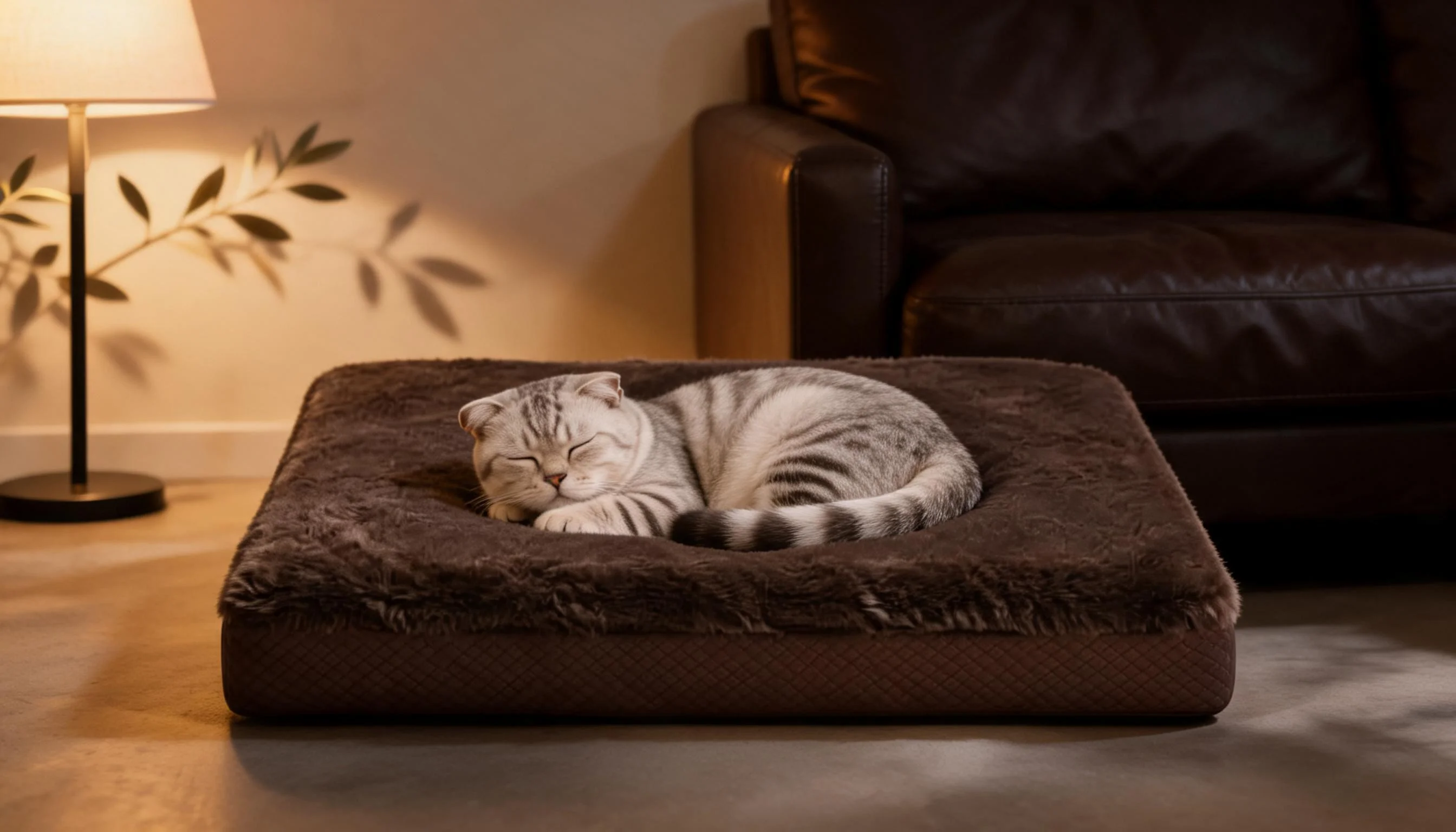 Luxury Leather & Plush Pet Bed · Reading Nook Evening · GuardLynx