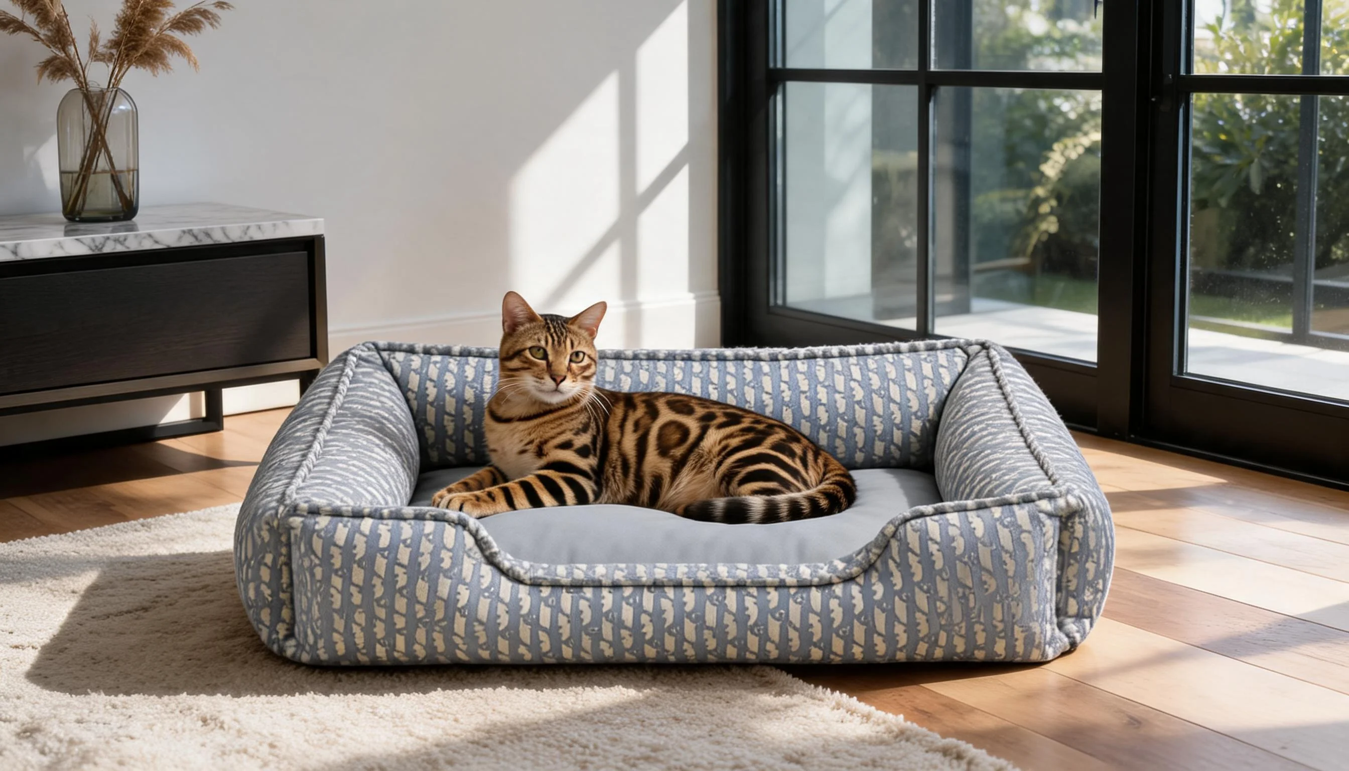 Stylish Leather Cat Bed with High Sides · Trendy Animal Print · GuardLynx