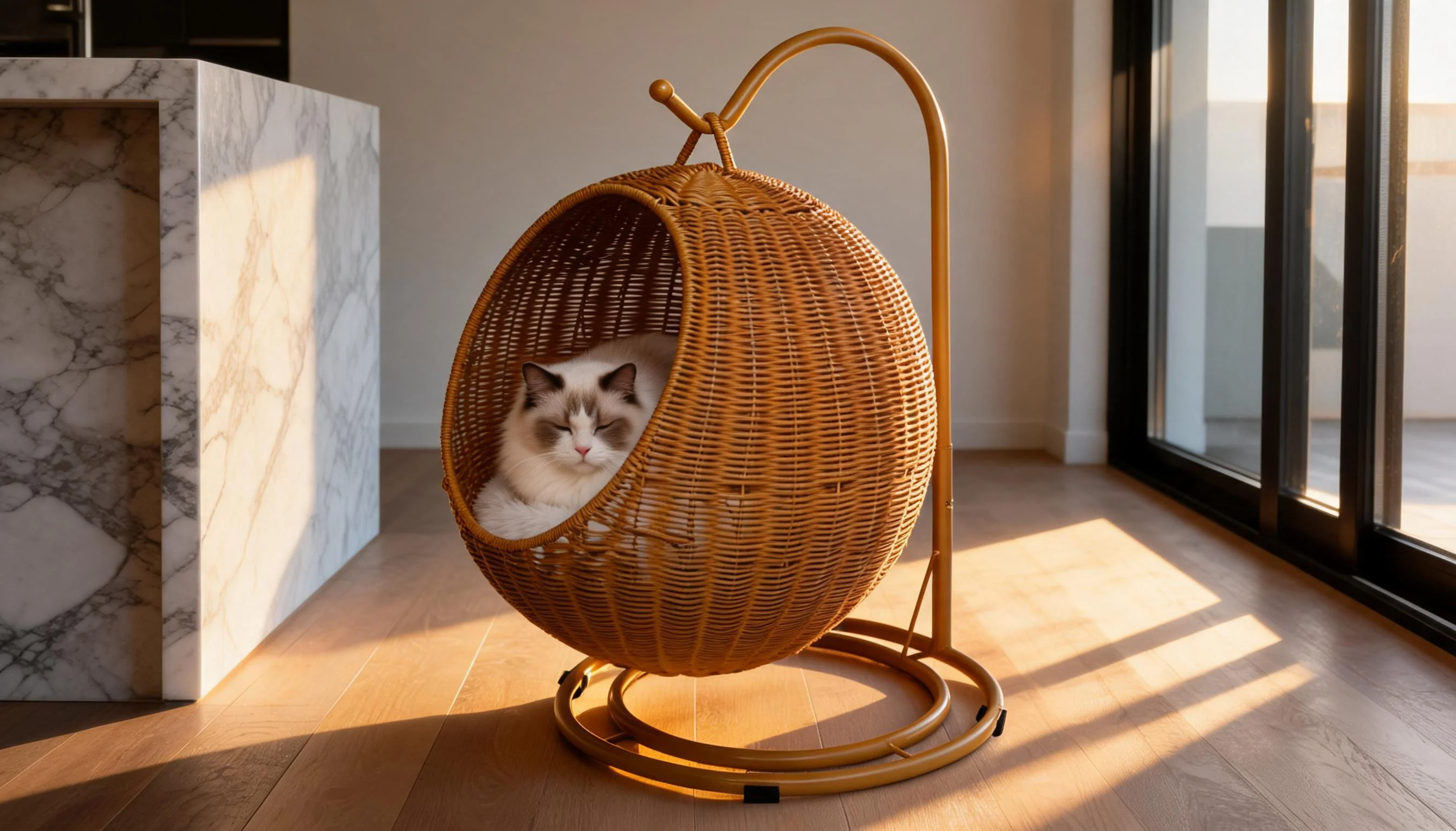 Handwoven Rattan Hanging Cat Bed · Morning Light · GuardLynx