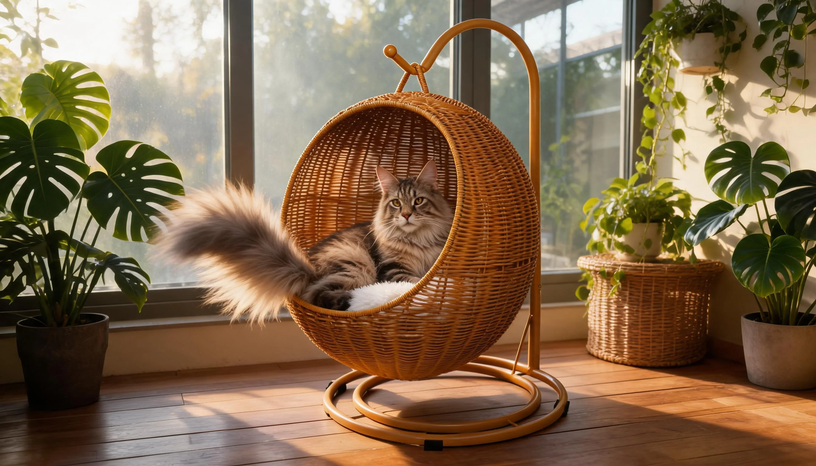 Handwoven Rattan Hanging Cat Bed · Sunroom Serenity · GuardLynx