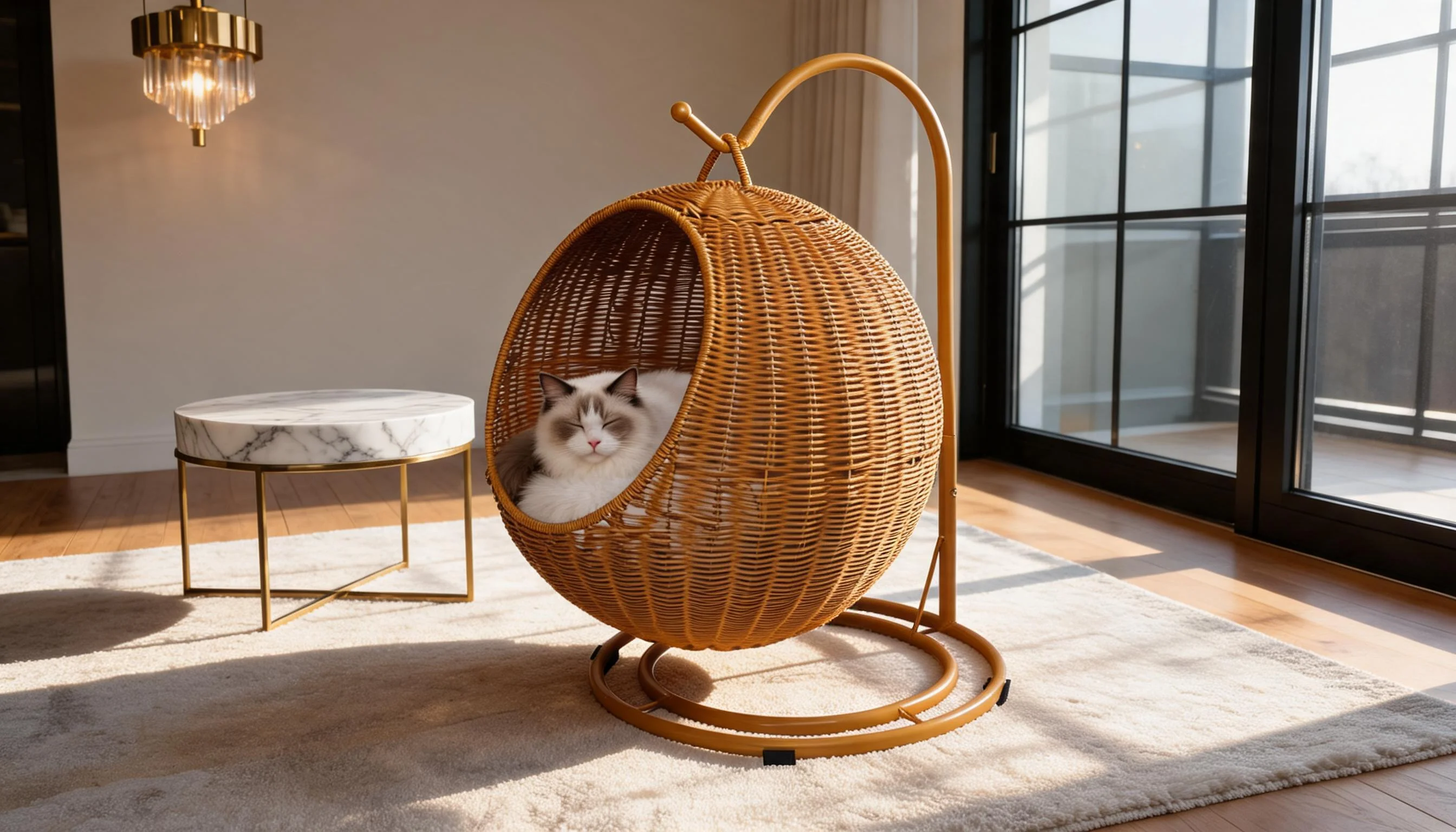 Handwoven Rattan Hanging Cat Bed · Secure Spherical Design · GuardLynx