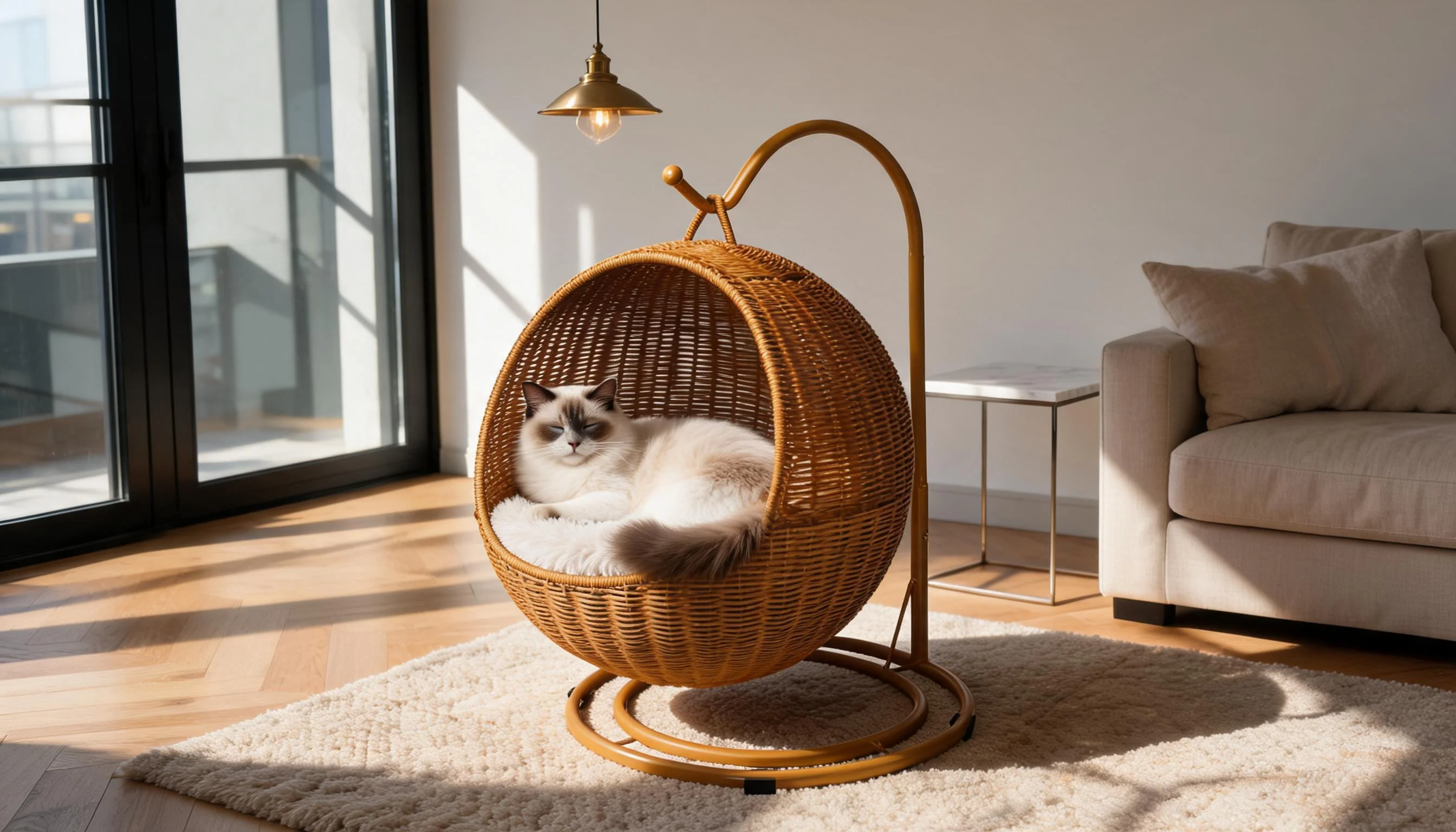 Handwoven Rattan Hanging Cat Bed · Soft Plush Liner · GuardLynx