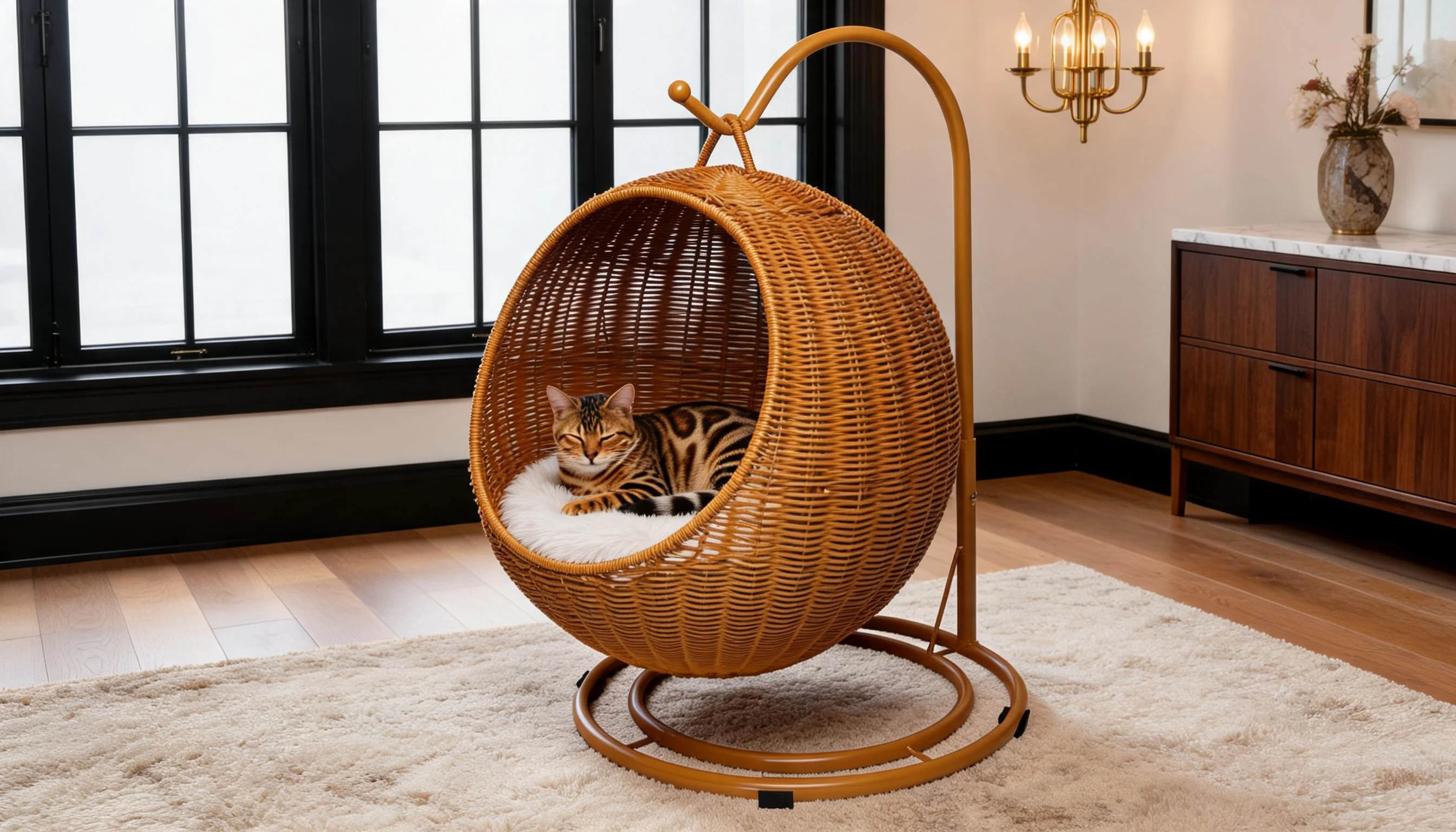 Handwoven Rattan Hanging Cat Bed · Sturdy Metal Stand · GuardLynx