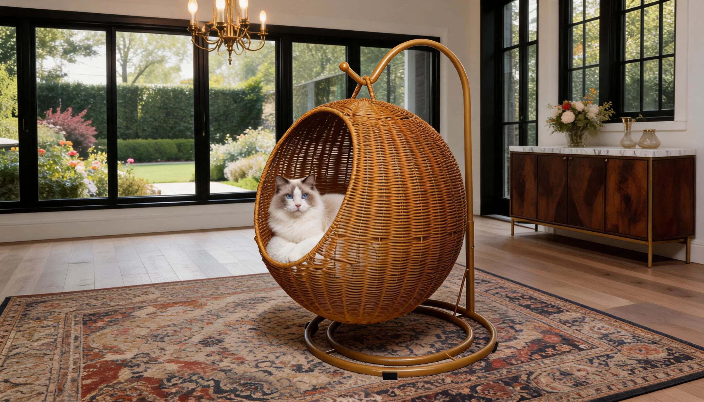 Handwoven Rattan Hanging Cat Bed · Natural Rattan Weave · GuardLynx