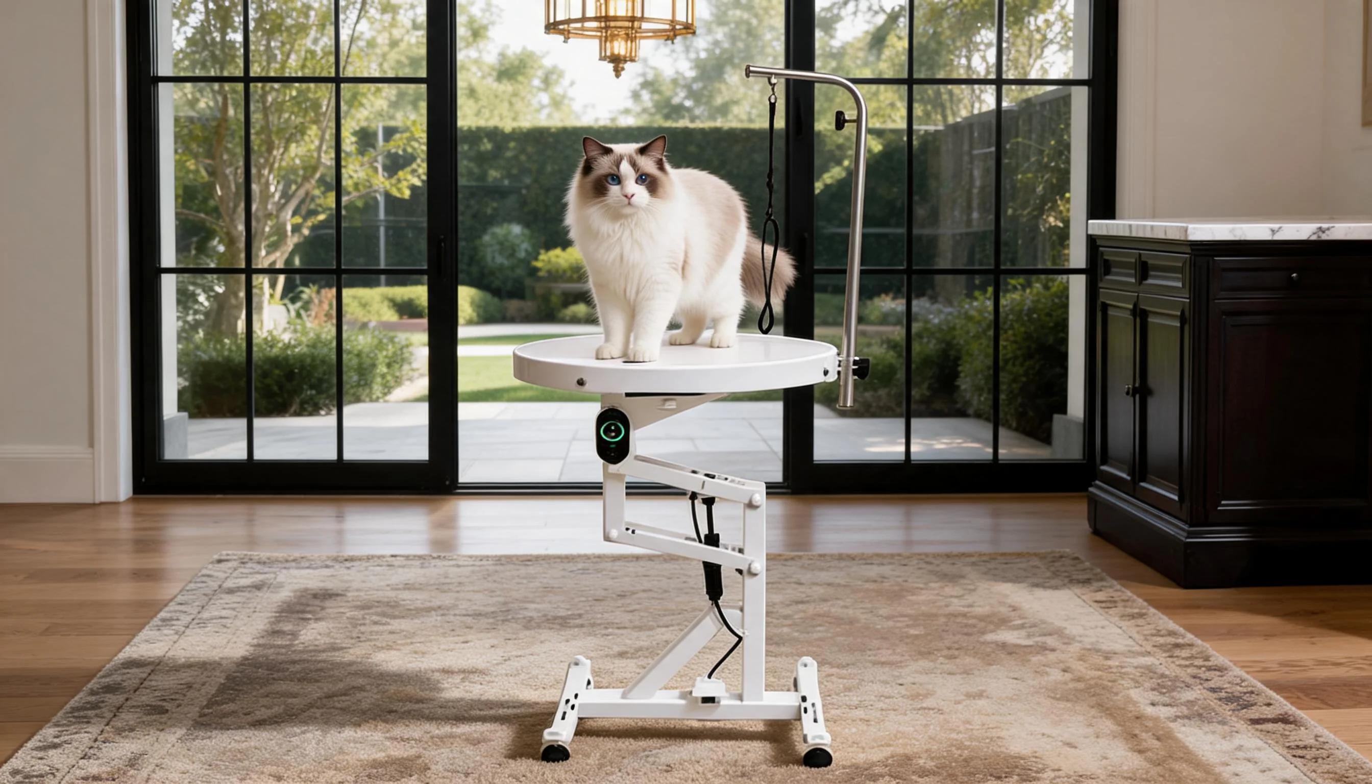 Compact Electric Lift Grooming Table · Round Non-Slip Surface · GuardLynx