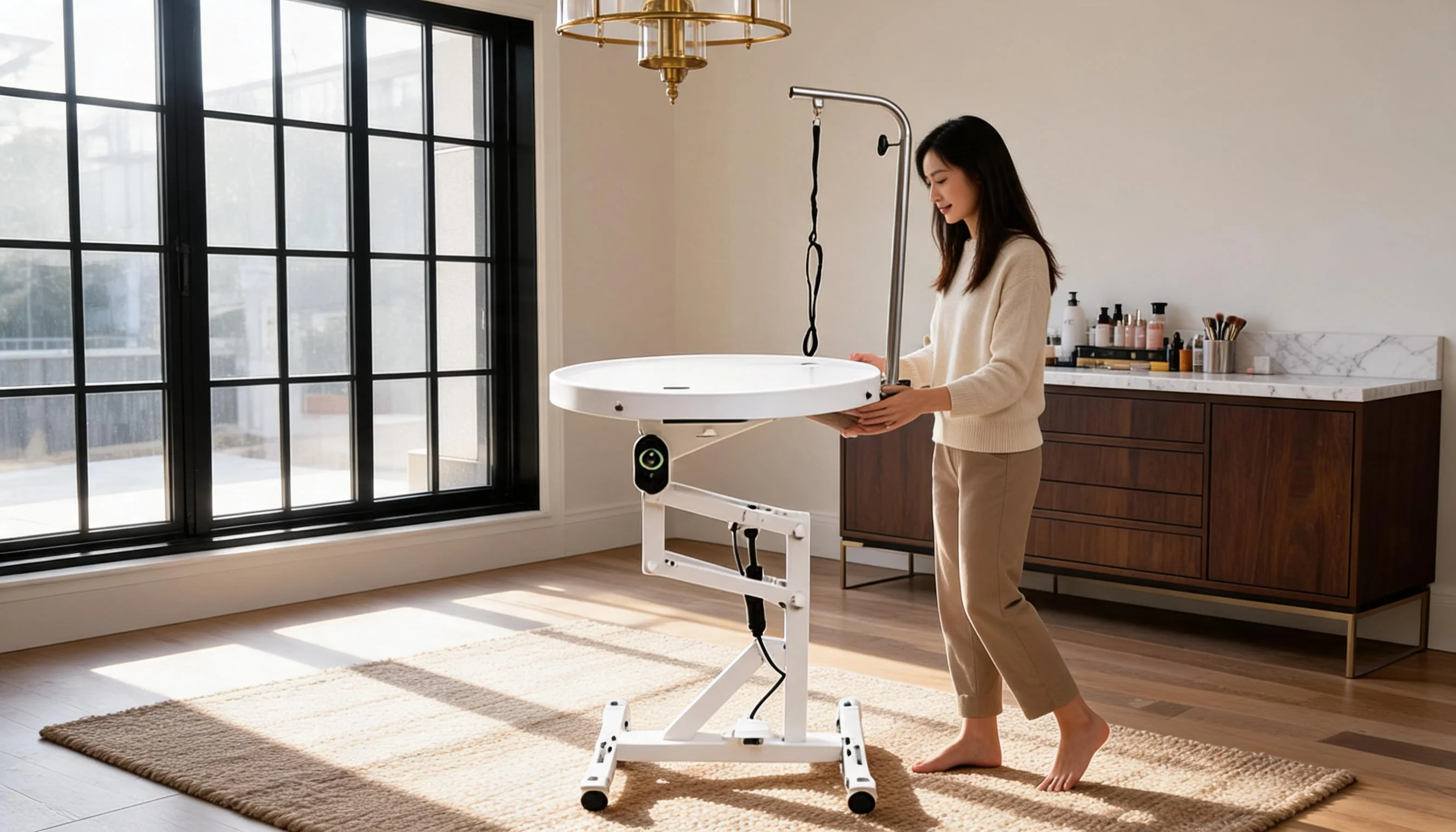 Compact Electric Lift Grooming Table · Lockable Caster Wheels · GuardLynx
