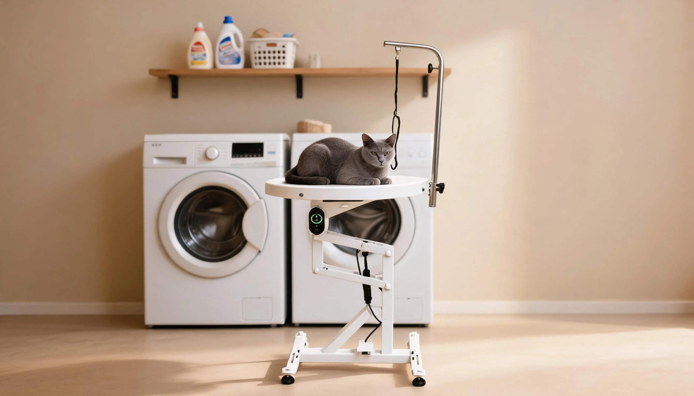 Compact Electric Lift Grooming Table · Cozy Laundry Room Care · GuardLynx