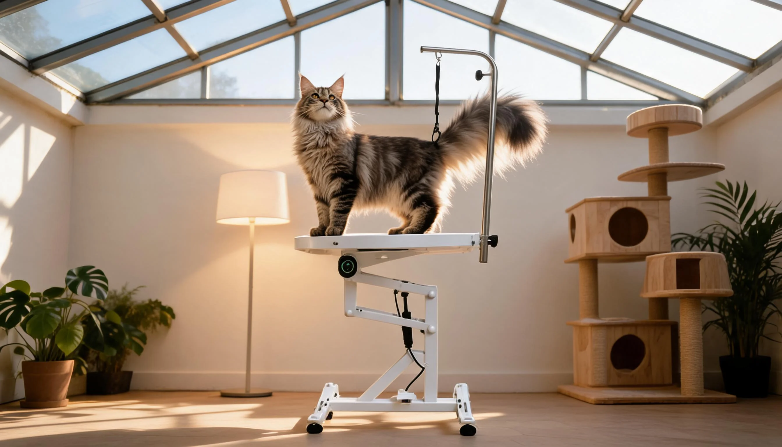 Compact Electric Lift Grooming Table · Elegant Sunroom Pose · GuardLynx