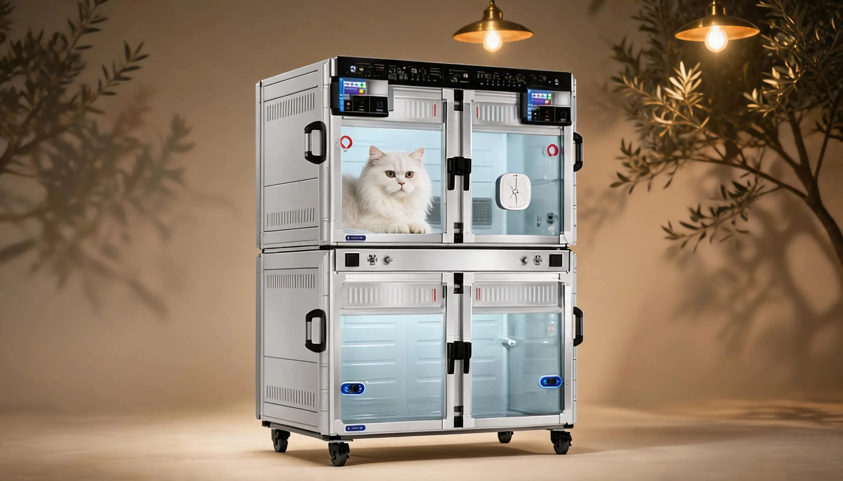 SmartCare Oxygen Recovery Cabin for Pets · Evening Comfort Under Warm Light · GuardLynx